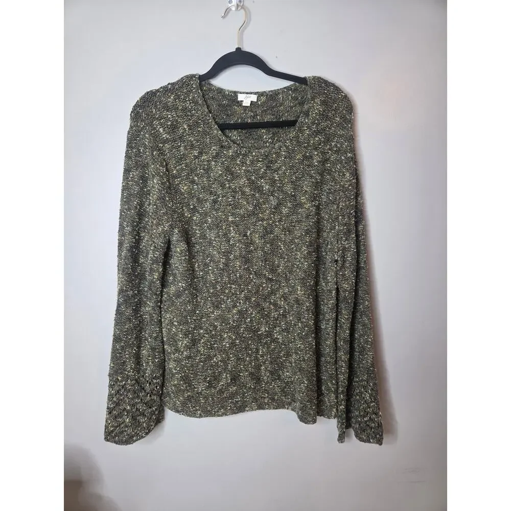J. Jill Women's 2X Green Tan Speckled Cotton Loose Stitch Long Sleeve Sweater